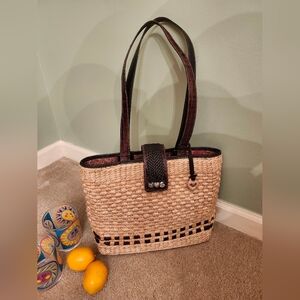 Brighton Straw and Brown Leather Woven Tote Bag